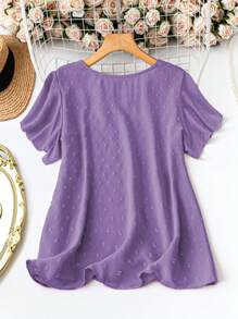 SHEIN Blusa holgada de mujer de talla grande con cuello en V, volantes y mangas cortas en unicolor - Morado - Ver 2