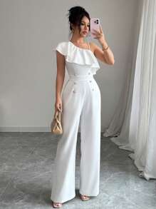Elenzga 女式荷叶边不对称领口连体裤，夏季新品 - 白色 - 查看 7