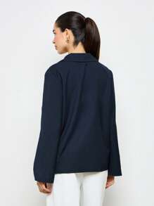 AiiRZ 优雅缎面长袖衬衫，双扣细节，专业办公室工作商务时尚现代简约上衣晚会装 - 藏蓝色 - 查看 2