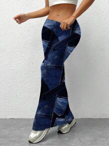 SHEIN EZwear Women Denim Effect Print Slim Fit Skirt Chic Dress - Dark Wash - View 5