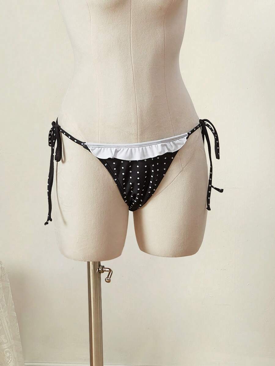 SHEIN MOD Ladies Lace-Up Design Retro Polka Dot Ruffle Edged Bikini Bottom,Vacation Outfits Women - Black and White - View 1