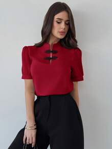 Firerie Nueva camisa elegante y romántica de botones con mangas abullonadas y contraste de colores para mujer, para primavera/verano - Burdeos - Ver 3