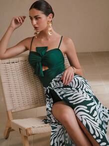 Swim Oasis 2pcs/Set New Elegant Holiday Casual Vacation Bohemian Style Backless Tie Front Spaghetti Strap One-Piece Swimsuit And Random Floral Print Maxi Coverup For Women For Summer - Green - View 1