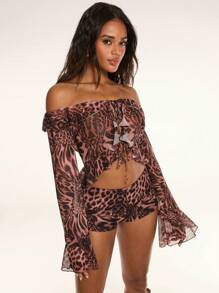 SHEIN BAE Brown Cheetah Animal Print Mesh Ruffled Top Summer Holiday Bohemian Style, Club Sexy, Rave, Festival, Summer Top,Western Wear Women,Cheetah Print Top