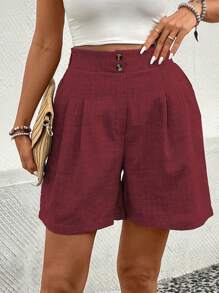 SHEIN Clasi Women's Plain Pleated Pocket Casual Versatile Shorts - Burgundy - View 3
