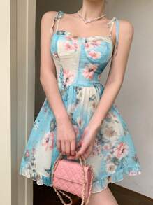 DAZY Ditsy Floral Cinched Waist Cami Dress, Women Casual Beach Holiday Dress Cruise Women Outfits,Ruffle Vacation - Mint Blue - View 14