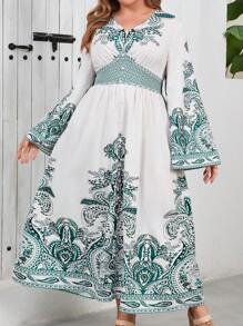 Mulvari Retro Palace Style Floral Print Flared Sleeve V-Neck Cinched Waist Dress - Multicolor - View 2