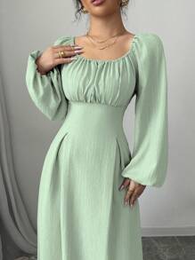 Modelyn 女士优雅长裙，方领，灯笼袖，褶皱，后系带，纯色，适合秋季长款女士装长款晚礼服