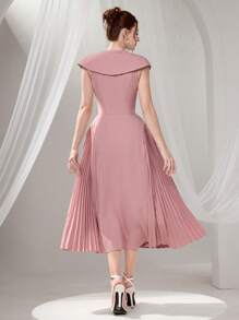 Poshira Elegante abito formale plissettato tinta unita (ricamato pesante), abito da laurea, abito formale da donna taglio lungo, design con perline e paillettes, abito sospensivo estivo da donna per feste, balli e laurea - Rosa - Visualizzare 3