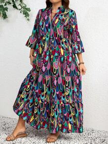 SHEIN LUNE Plus Size Women's Boho Maxi Dress: Colorful Multicolor Woven Fabric With Notched Neckline, Three Quarter Length Sleeves, And Ruffle Flounce Hem - Multicolor - View 3