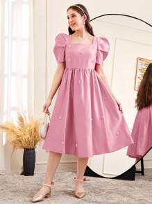 SHEIN 少女优雅串珠方领羊腿袖荷叶边下摆缎面 A 字裙，适合婚礼、派对、生日和聚会，春夏季 - 粉色 - 查看 6