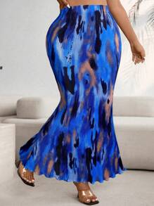 Celure تنورة ماكسي ذات خصر مطاطي مطبوعة بطباعة التعتيق للمرأة بحجم كبير، تنورة ماكسي ذات حافة ذيل السمكة عصرية - الأزرق - مشاهدة 4