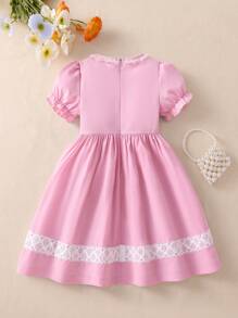 Souflis Souflis Vestido de Princesa com Manga Bufante para Menina Jovem, com Colarinho de Renda Floral, Detalhe em Laço e Bainha com Barra de Renda, Adequado para Eventos