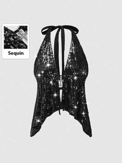 Grunge Punk Top halter con espalda descubierta, decorado con cruces y rhinestones, de estilo sexy gyaru Y2K para mujeres