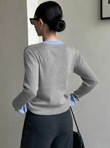 DAZY 女士休闲拼色V领纽扣前开衫，返校服 - 淺灰色 - 查看 4