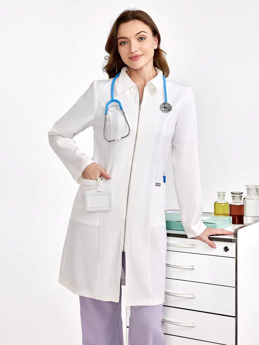 Scrubzie Women's Solid Color Zipper Collar Long Sleeve Lab Coat/White Coat - White - View 1