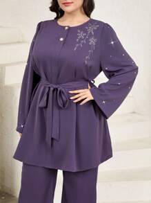 Veilorie 2pcs Plus Size Elegant Crystal Decor Top And Pants Set - Purple - View 4