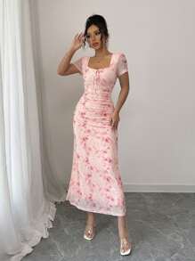 SHEIN PETITE Women's Elegant Sexy Rose Print Mesh Crew Neck Bowknot Ruched Bodycon Dress, Ideal For Spring/Summer, Valentine's Day - Pink - View 5