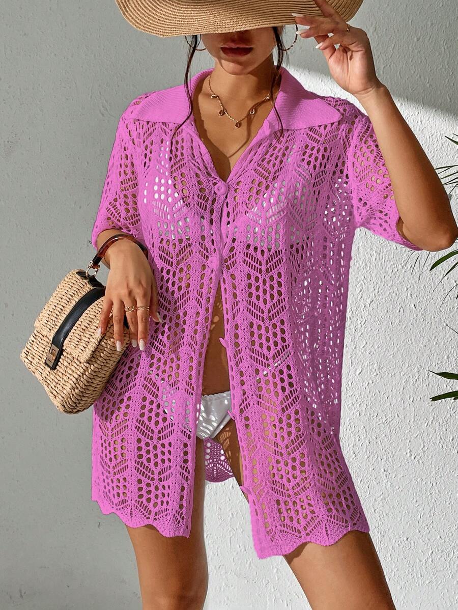 Swim Vcay Solid Color Hollow Out Knitted Kimono Cover Up, Vacation & Beach For Summer - Hot Pink - View 1