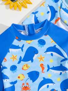 Baby Boy Dolphin Print Raglan Sleeve Rash Guard & Shorts Set, Random Pattern (Includes Hat) - Multicolor - View 4
