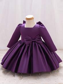 Glamorique Kids Váy dự tiệc sinh nhật cho bé gái mới biết đi, váy phồng tay ngắn màu xanh lá cây, váy công chúa Giáng sinh nơ lớn hở lưng dễ thương - Màu tím  Violet - Xem 3