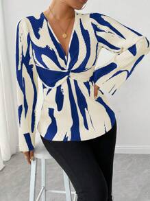 Chiquease Women's Twist Design Color Blocking Pleated Long Shirt (Printed Asymmetrical Hem) - Royal Blue - View 5