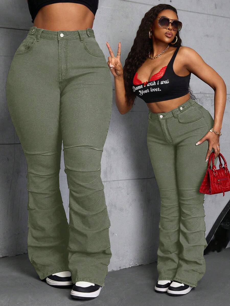 SHEIN SXY Plus Size Women Denim Elastic Retro Side Pleated Flare Pants, Slimming  Summer Outfits For Women Festival Outfits