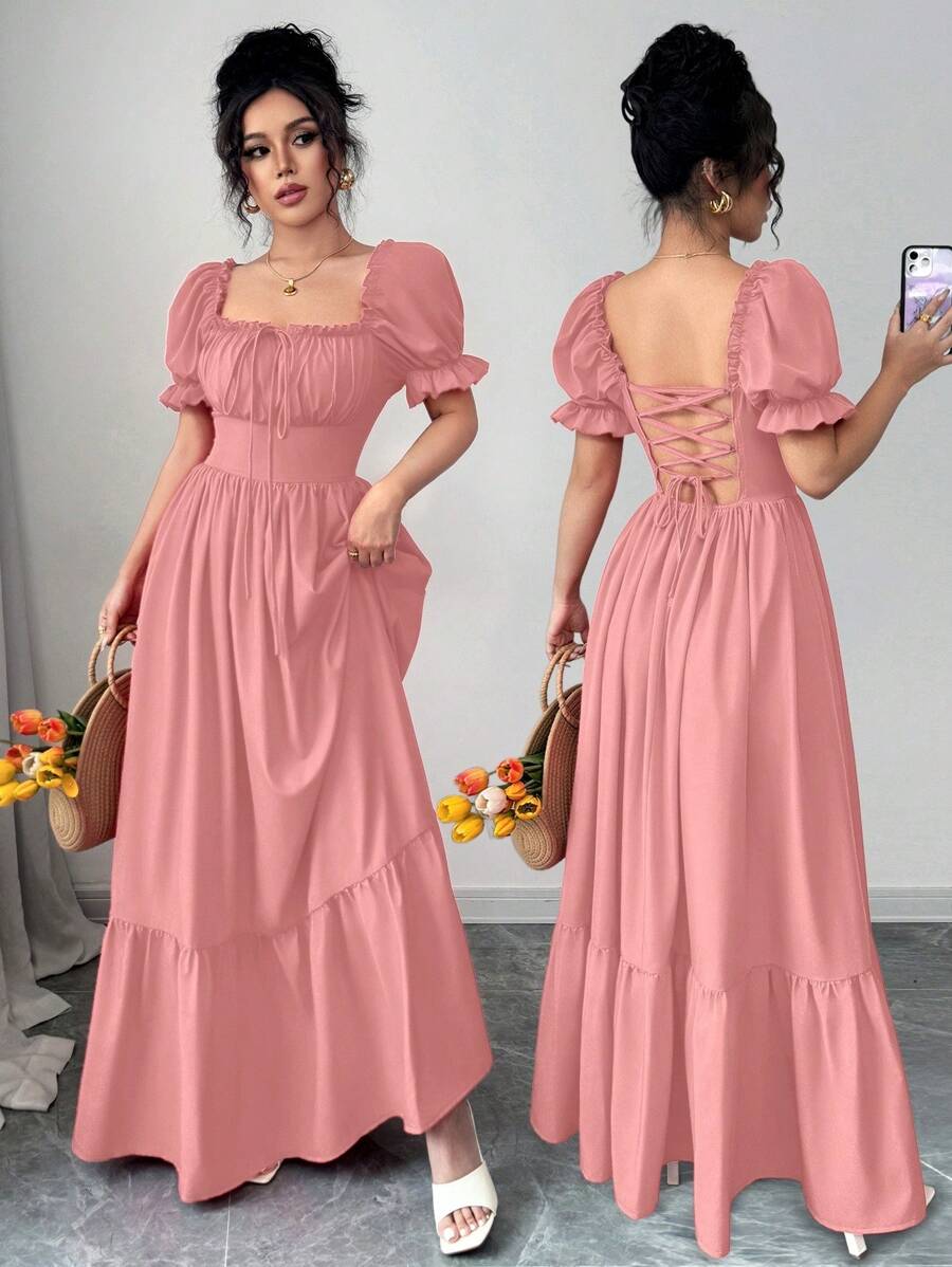 SHEIN Raffinéa 女式方领泡泡袖系带前开襟后背镂空收腰连衣裙 - 珊瑚粉 - 查看 1