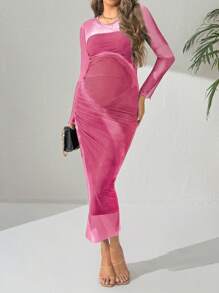 SHEIN Maternity Long Sleeve Stylish Dress, Suitable For Summer - Pink - View 3
