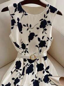 Franclia 女士圆领褶皱纯色花卉 A 字型优雅中长连衣裙