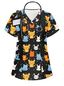 PopScrub V-Neck Short Sleeve Scrub Uniform Top, Fashionable Design For Summer Scrubs Scrub Sets Nurse Scrub Sets Women ,Women's Fashion Casual Sports Scrub Tops, Business Women Clothing, Women's Summer Tops Multi-Occasion Wear Versatility, Women's Summer Beach Shirts,Tops With Cute Puppies, Bees, Insects, Kittens, Flowers, Grass, Trees, Hearts, Clouds, Ice Cream, Donuts, Butterflies, Starfish, Tie-Dye And Other Printed Patterns - Multicolor - View 6