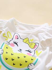 SHEIN Playful Pals 2 Stücke/Set Baby Mädchen Kleinkind 0-3 Jahre Sommer Neu Lässig Süß Cartoon Katze isst Wassermelone Muster Capshirt und rosa Herz Shorts Set