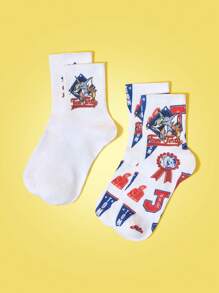 TOM & JERRY X SHEIN 1 Paar Damen Cartoon & Buchstaben Muster weiße modische Crew Socken