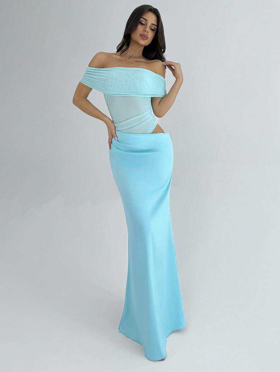 Firerie Elegant Romantic Fairycore Off Shoulder Pleated Mesh Patchwork Blue Dress, Low Waist Slimming And Elongating, Suitable For Date, Wedding, Beach Holiday