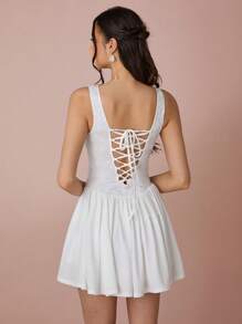 Enchnt Women's Elegant White Summer Lace Patchwork Backless Sleeveless Mini Dress, Back Strap Criss-Cross Sundress For Wedding,Date & Graduation - White - View 7