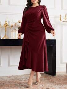 Modelyn Plus Size Women Solid Color Crew Neck Lantern Sleeve Pleated Ruffle Hem Elegant Midi Dress - Burgundy - View 7
