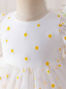 SHEIN Glamorique Kids 女婴优雅雏菊印花泡泡袖连衣裙 - 白色 - 查看 8
