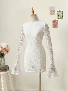 SHEIN MOD 圆领喇叭袖蕾丝海滩罩衫，带低胸后背 - 白色 - 查看 3