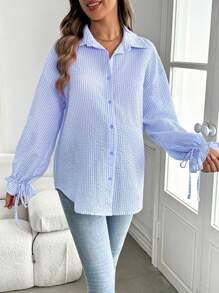 SHEIN Maternity Flare Sleeve Striped Long Loose Nursing Blouse - Blue - View 3