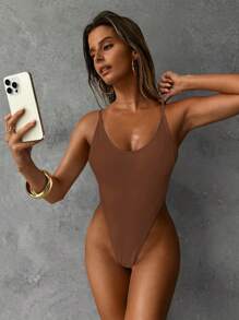 Aloruh 1pc Women Elegant Sexy Minimalist Open Back Strap Solid Color One-Piece Swimsuit - Brown - View 2