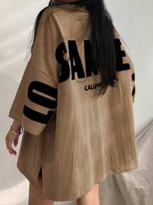 DAZY Camiseta holgada con cuello redondo, hombros caídos y estampado de letras para mujer