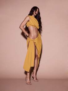 KIZN Elegant Cut-Out Drape Midaxi Dress Sleeveless Summer Evening Party Special Occasion Side Slit Gathered Detail Statement Glamorous Design,Summer Dresses For Women - Yellow - View 1