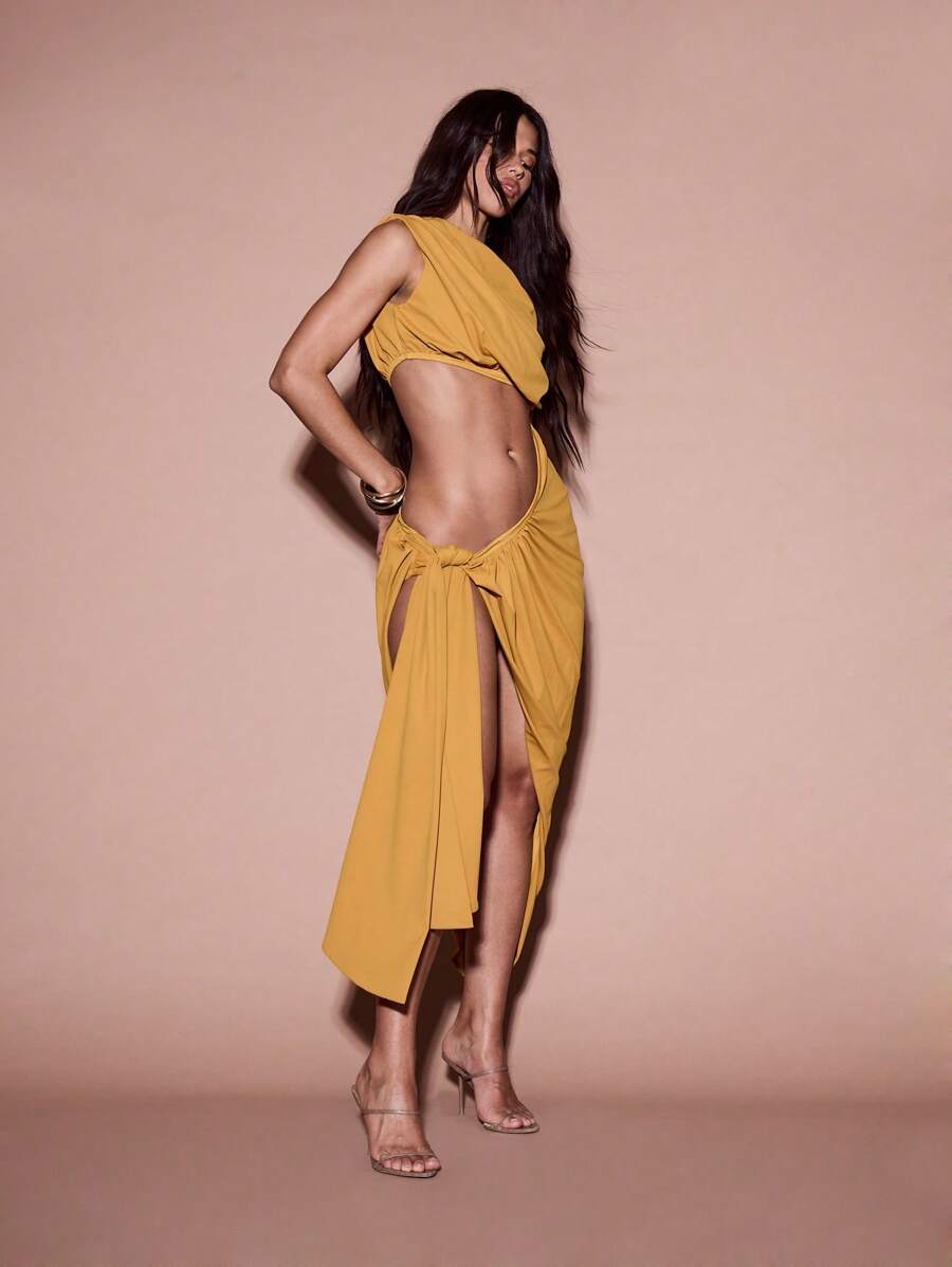 KIZN Elegant Cut-Out Drape Midaxi Dress Sleeveless Summer Evening Party Special Occasion Side Slit Gathered Detail Statement Glamorous Design,Summer Dresses For Women - Yellow - View 1