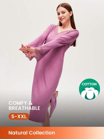 LUVLETTE Soft 100% Pure Cotton V-Neck Lace Elegance Trim Long Sleeve Nightgown Lingerie& Pyjamadressing