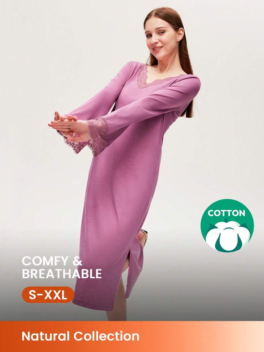 LUVLETTE Soft 100% Pure Cotton V-Neck Lace Elegance Trim Long Sleeve Nightgown Lingerie& Pyjamadressing - Dusty Purple - View 1