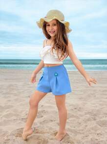 SHEIN 2pcs/Set Young Girls Casual Simple Comfortable Spaghetti Strap Ruffle Hem Camisole & Shorts Set With Floral Decor - Blue and White - View 4