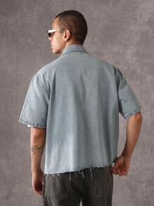 SUMWON Raw Edge Boxy Denim Shirt Oversized Button Down Short Sleeve Casual Summer Streetwear Classic Western Light Weight Spring Festival Outdoor Urban - Blue - View 3