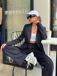 EURMUSE Lapel Neck Single Button Blazer & Suit Pants - Black - View 5