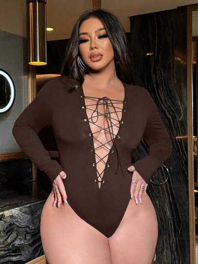Flirla 大码女式性感前系带长袖紧身衣