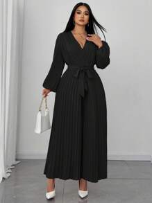 Vionelle 女式加大码优雅交叉领系带蝴蝶结褶皱连体裤，长袖百搭时尚